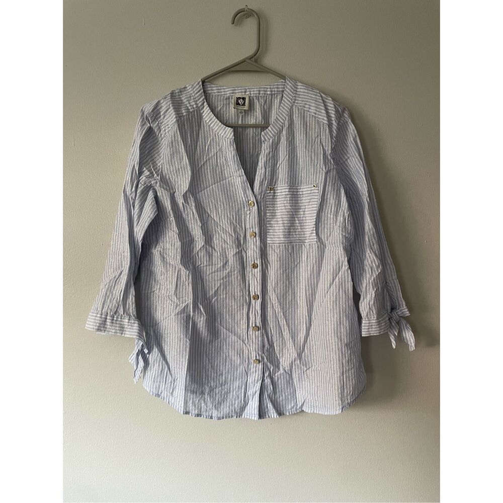 Ann Klein Small Womens Blue and White Stripe Gold Button Down Blouse NEW